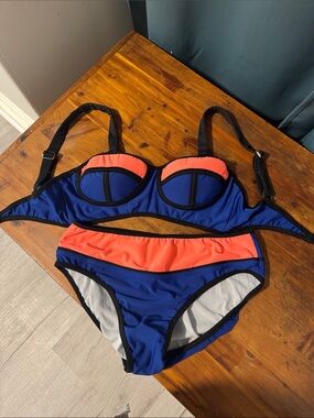 New Scop Blue/Orange Colorblock Bikini Top and Short-with Black Trim